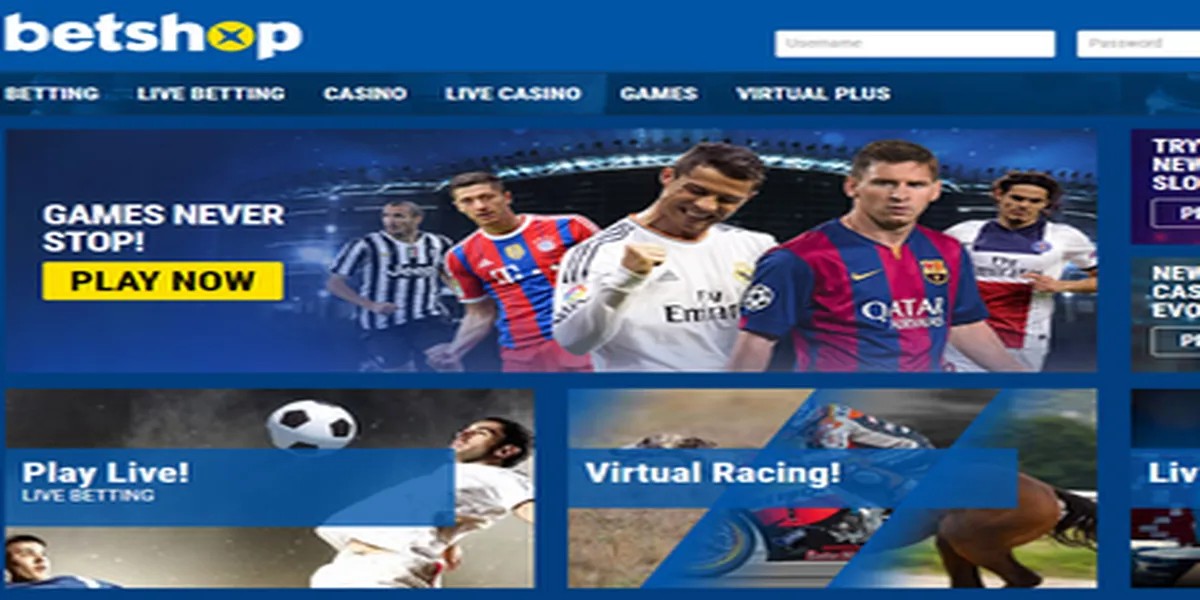 Betshop sports betting homepage showing a football-themed promo banner with players, “Games Never Stop” message, Play Now button, and tiles for live betting and virtual racing on a blue interface.